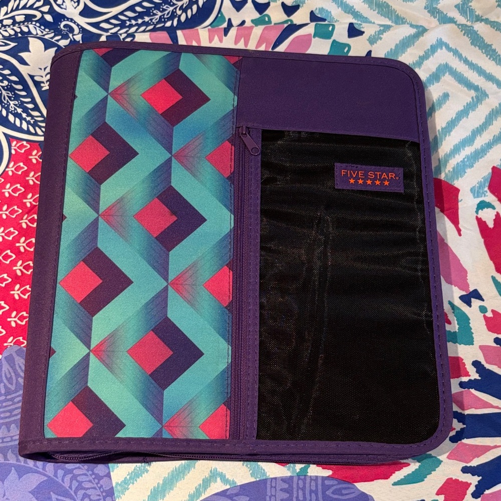 Five Star Geometric Purple and Teal Vintage Zipper Binder